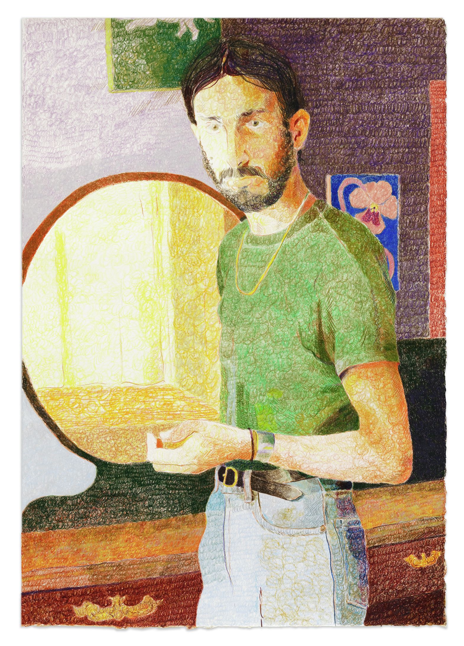 Anthony Cudahy, By the mirror, 2021 Crayons de couleur sur papier76 × 56 cm / 29 7/8 × 22  in.