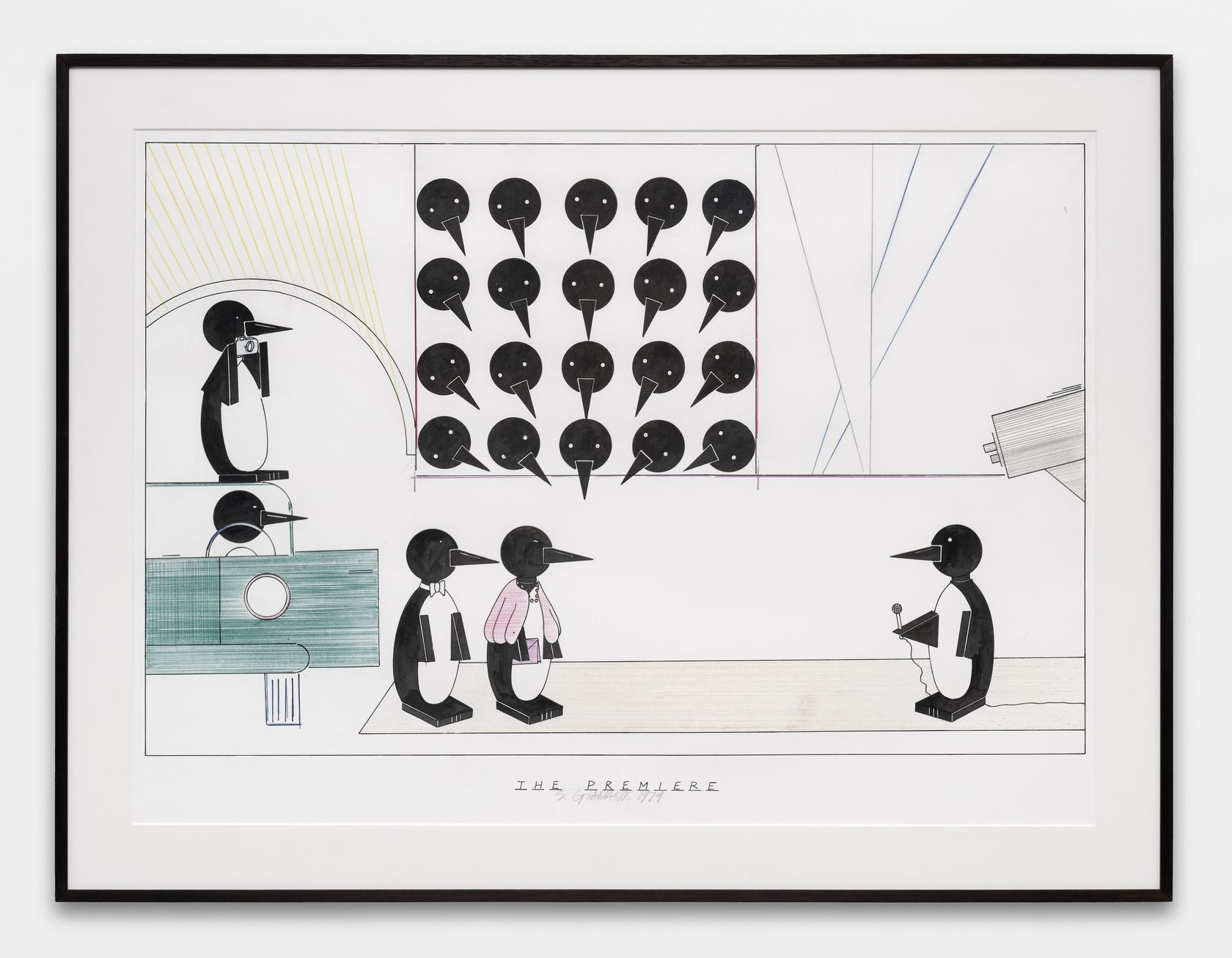 Steve Gianakos, The premiere, 1979 Encre et aquarelle sur papier74 × 104 cm / 29 1/8 × 41  in. | 91.5 × 120.5 × 3.5 cm / 36  × 47 1/2 × 1 3/8 in. (encadré/framed)