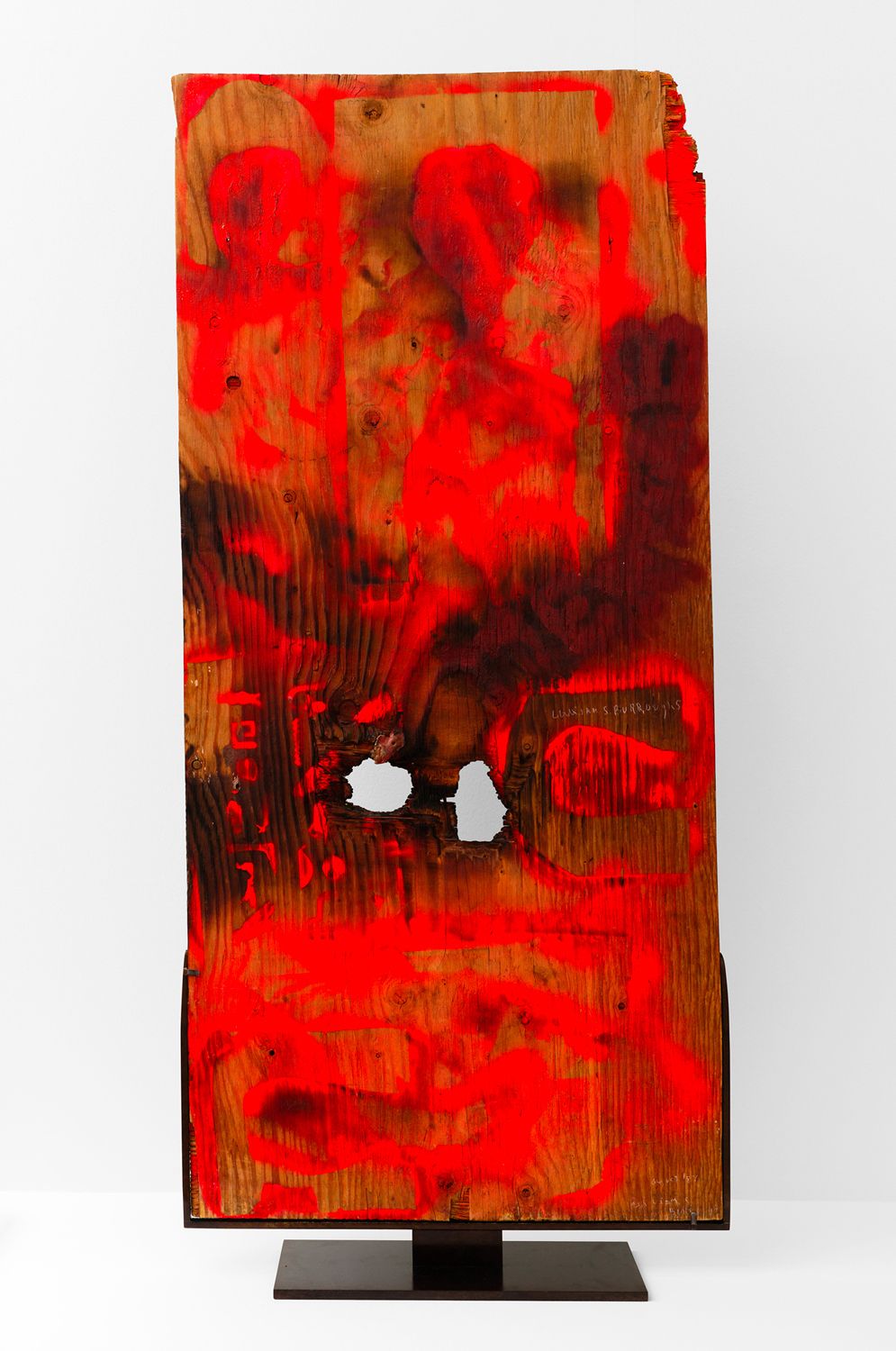 William S. Burroughs, Untitled (August 87), 1987 Peinture aérosol et impacts de balles sur panneau de contreplaqué, recto verso127 × 58.4 cm / 50  × 23  in.